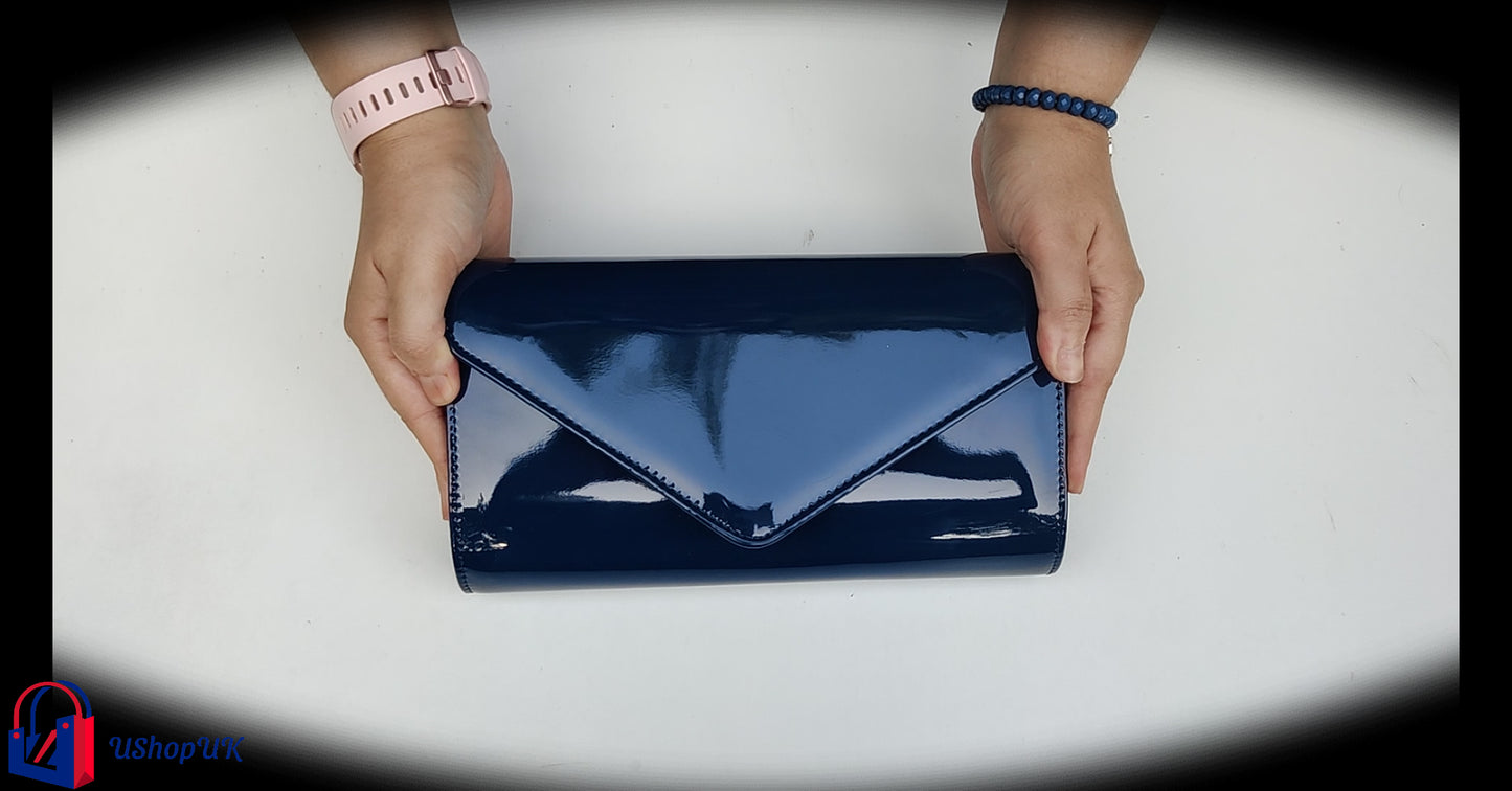 Amazon UK Shiny Patent Leather Navy Blue Ladies Clutch Bag