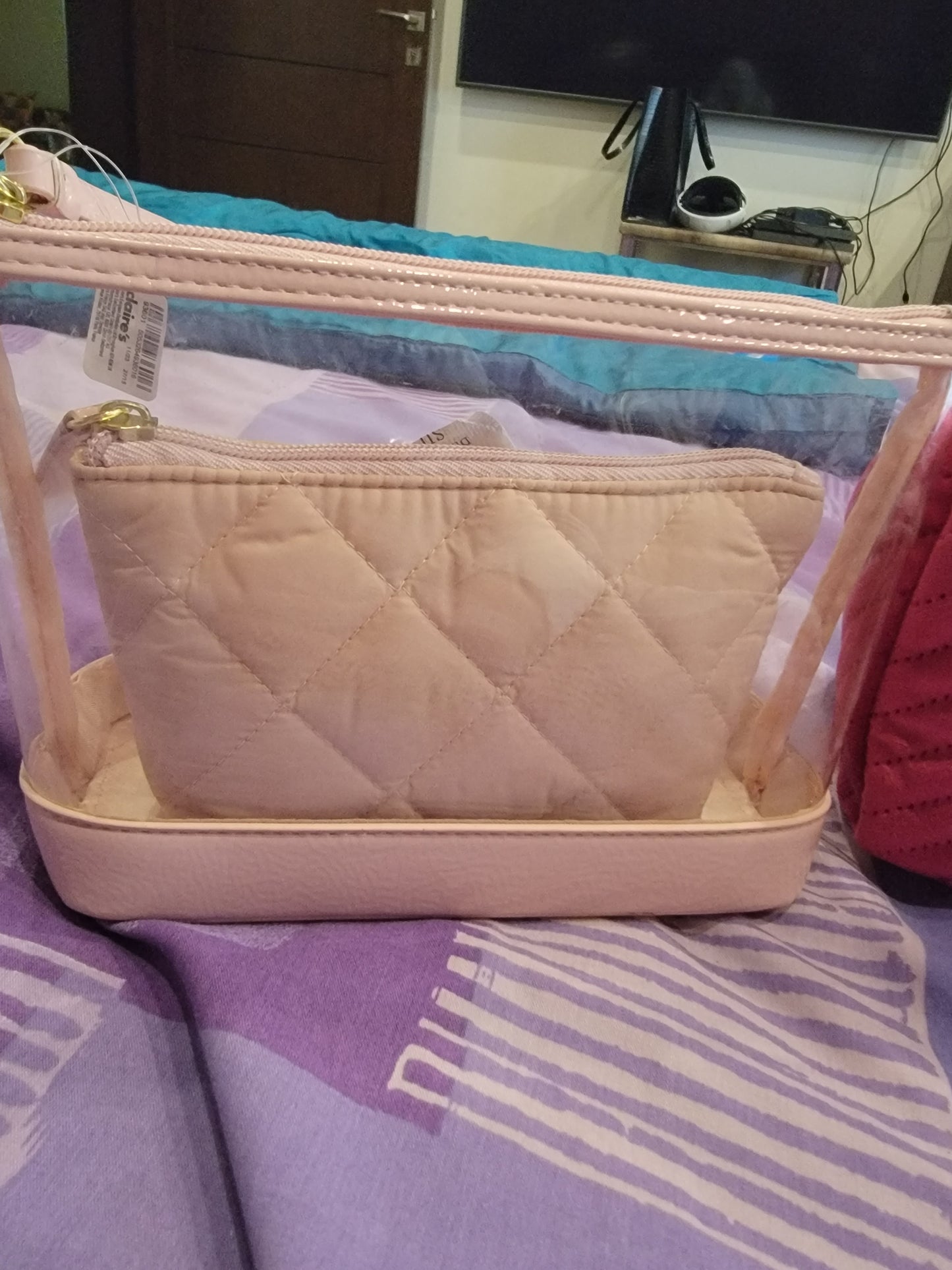 Claires uk pink 2 in one transparent make up bag