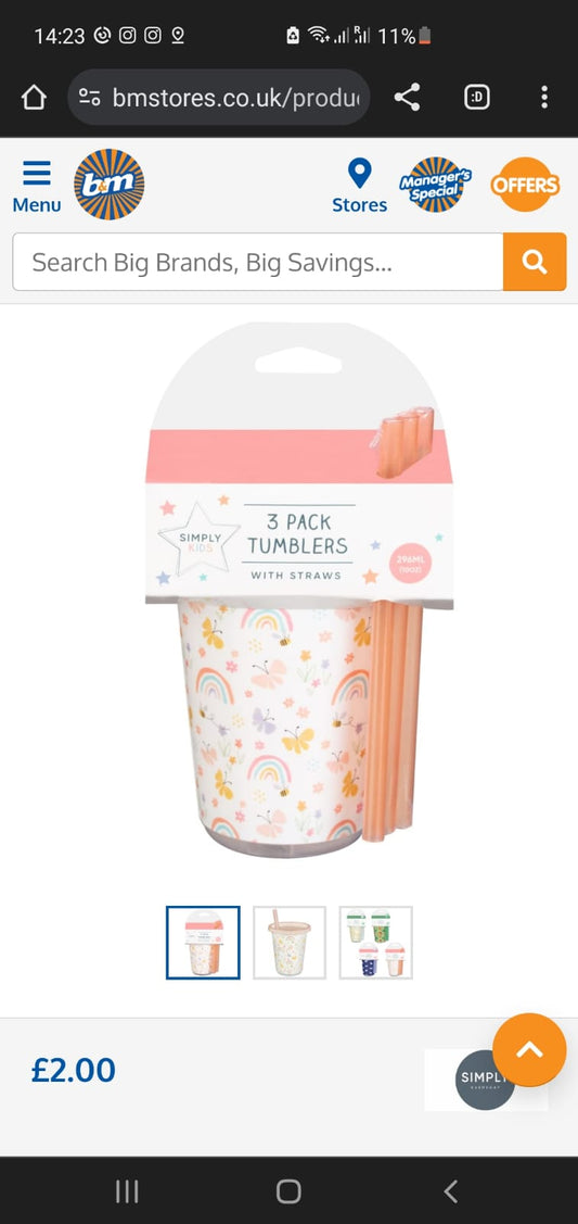 Bm bargains  Uk kids glass with lid and straw