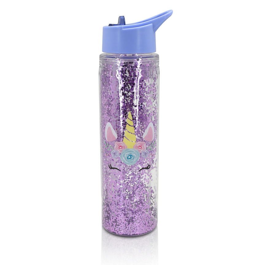 ASDA Uk 750ml glitter unicorn water bottle with straw