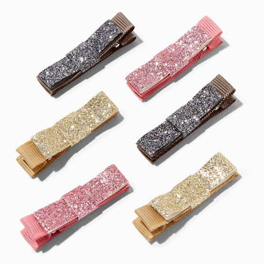 Claire's Club Glitter Rectangle Bow Hair Clips - 6 Pack