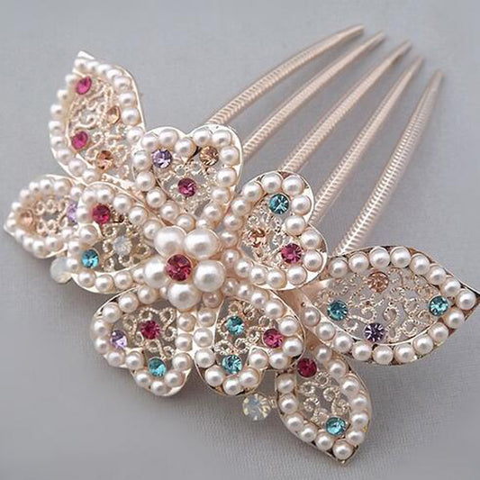 White Pearl and Multicolor Diamante Hair Comb