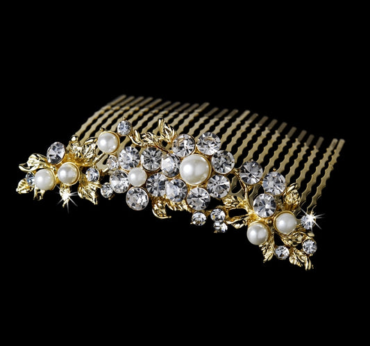 Pearl and Diamante Hair Comb Golden